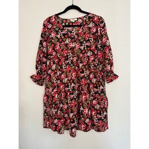 Umgee Floral Print Mini Dress‎ Tiered Long Sleeve Casual Cottagecore S